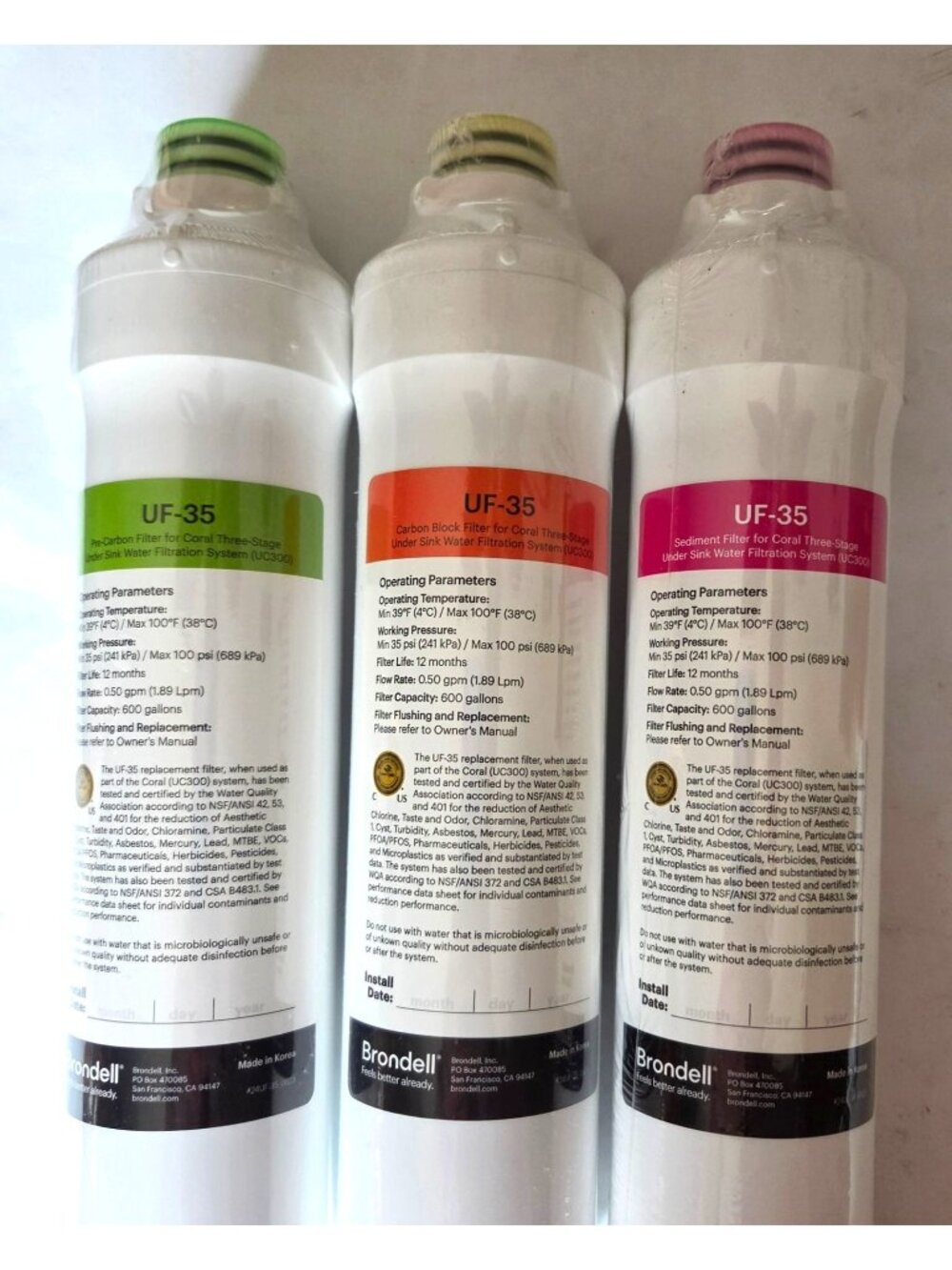 Brondell Coral UC300 Replacement Water Filter Set UF-35 Pre-Carbon Carbon Block